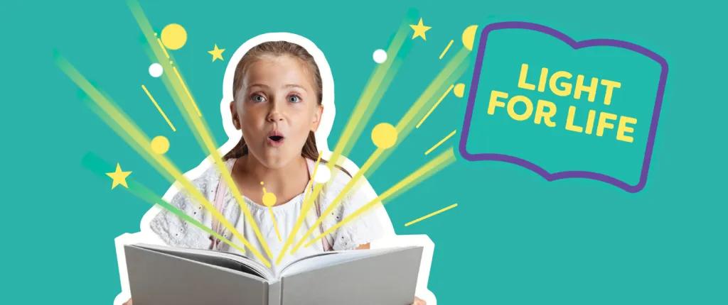 Girl reading a book excited