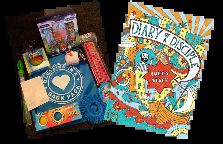 Examples of what is inside the backpack, including Diary of a Disciple