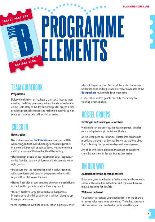 Backpackers programme elements