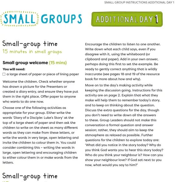 Small Group Instructions Additional Day 1
