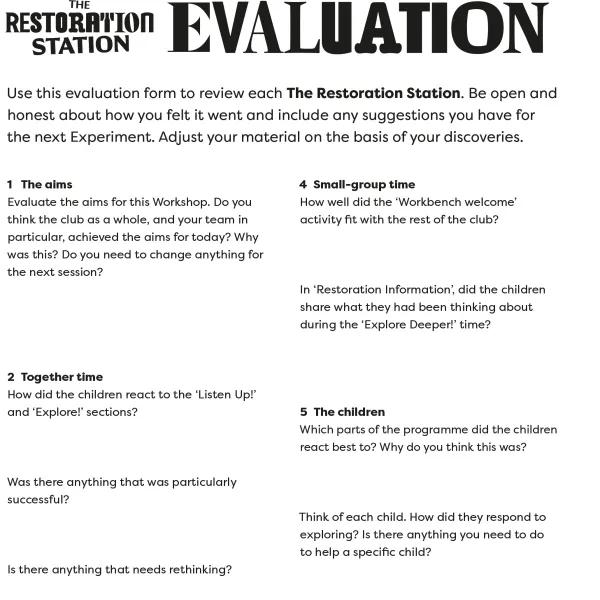 The Restoration Station holiday club: evaluation form